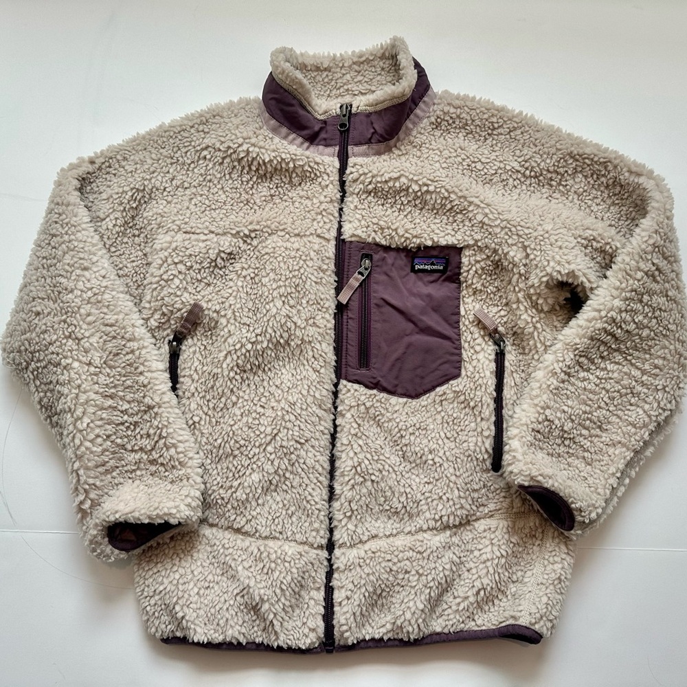 Girl’s Patagonia Retro-X Fleece Jacket Oatmeal & Purple Sz. Large/12